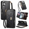 iPhone 17 Floral & Leaf Pattern Wallet Case with Zipper Pocket & Wrist Strap - Black