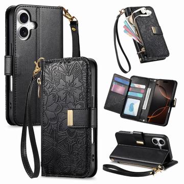 iPhone 17 Floral & Leaf Pattern Wallet Case with Zipper Pocket & Wrist Strap - Black
