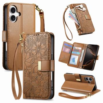 iPhone 17 Floral & Leaf Pattern Wallet Case with Zipper Pocket & Wrist Strap - Brown