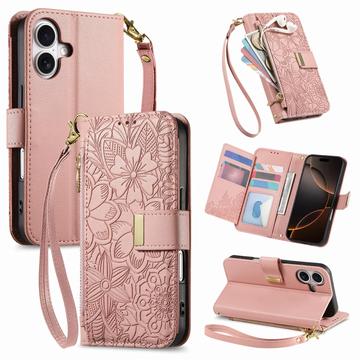 iPhone 17 Floral & Leaf Pattern Wallet Case with Zipper Pocket & Wrist Strap - Pink