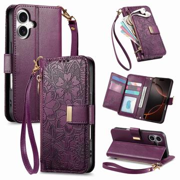 iPhone 17 Floral & Leaf Pattern Wallet Case with Zipper Pocket & Wrist Strap - Purple