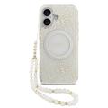 iPhone 17 Guess IML Flowers Allover Electro Case with Pearl Strap - MagSafe Compatible - White