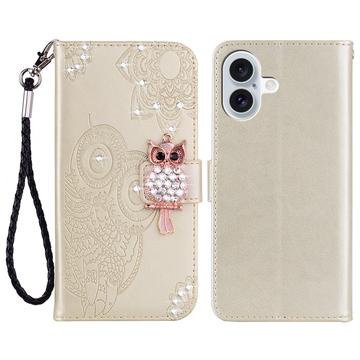 iPhone 17 Owl Rhinestone Wallet Case - Gold