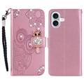 iPhone 17 Owl Rhinestone Wallet Case - Rose Gold