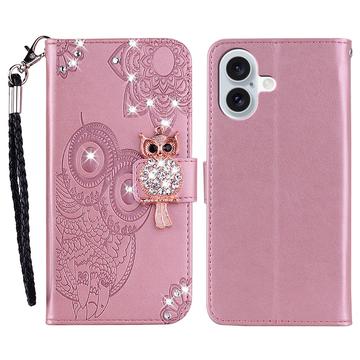 iPhone 17 Owl Rhinestone Wallet Case - Rose Gold