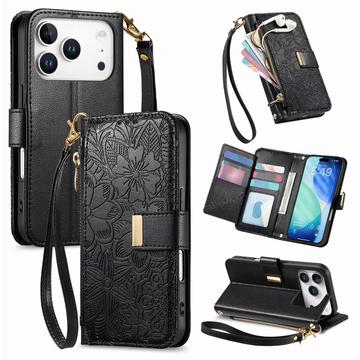 iPhone 17 Pro Floral & Leaf Pattern Wallet Case with Zipper Pocket & Wrist Strap