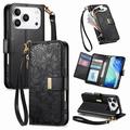 iPhone 17 Pro Max Floral & Leaf Pattern Wallet Case with Zipper Pocket & Wrist Strap