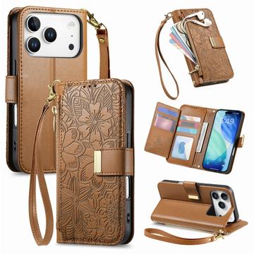 iPhone 17 Pro Max Floral & Leaf Pattern Wallet Case with Zipper Pocket & Wrist Strap - Brown