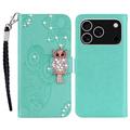 iPhone 17 Pro Max Owl Rhinestone Wallet Case - Cyan