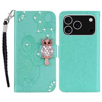 iPhone 17 Pro Max Owl Rhinestone Wallet Case - Cyan