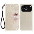 iPhone 17 Pro Max Owl Rhinestone Wallet Case - Gold