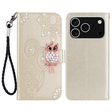 iPhone 17 Pro Max Owl Rhinestone Wallet Case - Gold