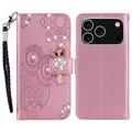 iPhone 17 Pro Owl Rhinestone Wallet Case - Rose Gold